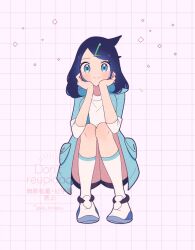 1girl black_hair black_shorts closed_mouth commentary cowlick creatures_(company) full_body game_freak grid_background hair_ornament hairclip hands_up head_rest highres jacket knees liko_(pokemon) looking_at_viewer medium_hair nintendo open_clothes open_jacket pokemon pokemon_(anime) pokemon_horizons rei_hinketsu shirt shoes shorts smile socks solo squatting swept_bangs symbol-only_commentary thighs twitter_username watermark white_shirt white_socks