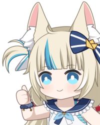 Rule 34 | 1girl, ahoge, animal ear fluff, animal ears, blonde hair, blue bow, blue eyes, blue hair, blue sailor collar, bow, bright pupils, cat ears, chibi, closed mouth, commentary, hair bow, indie virtual youtuber, long hair, multicolored hair, sailor collar, sameko saba, smile, solo, streaked hair, thumbs up, upper body, virtual youtuber, white pupils, zephylyne