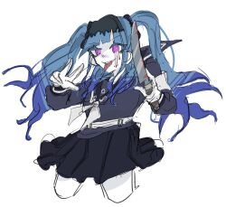 1girl amemiya_nazuna black_hair black_skirt blood bloody_tears blue_hair female_focus hands_up holding holding_knife holding_weapon knife last_defense_academy_school_uniform looking_at_viewer multicolored_hair pink_eyes simple_background skirt smile solo solo_focus the_hundred_line_-last_defense_academy- tongue tongue_out twintails weapon white_background