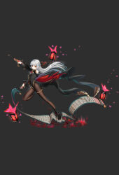 Rule 34 | 1girl, bare shoulders, black background, black dress, braid, breasts, brown pantyhose, closers, covered navel, detached sleeves, dress, floating, floating hair, full body, gold trim, gun, highres, holding, holding gun, holding weapon, lantern, leg up, long hair, long sleeves, looking at viewer, official art, pantyhose, parted lips, pelvic curtain, red eyes, scroll, simple background, small breasts, solo, tina (closers), very long hair, weapon, white hair