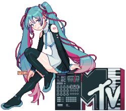 1girl aqua_eyes aqua_hair aqua_necktie aqua_trim arm_at_side artist_name bare_shoulders black_boots black_skirt black_sleeves boots breasts closed_mouth colored_tips commentary derivative_work detached_sleeves dot_nose double-parted_bangs english_commentary full_body grey_shirt hand_on_own_knee hand_rest hatsune_miku knee_up leaning_forward long_hair looking_at_viewer looking_to_the_side lowres miniskirt mtv mtv_logo multicolored_hair necktie number_tattoo omogu photo-referenced pink_hair pixel_art pleated_skirt shirt shoulder_tattoo simple_background sitting skirt sleeveless sleeveless_shirt sleeves_past_wrists small_breasts smile solo tattoo thigh_boots thighhighs transparent_background twintails very_long_hair vocaloid zettai_ryouiki