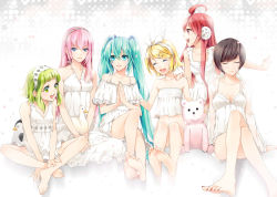 6+girls ahoge aqua_nails bad_id bad_pixiv_id bare_legs bare_shoulders barefoot bear bird blonde_hair blue_eyes blue_hair bonnet breasts brown_hair camisole chemise closed_eyes cocoon_(loveririn) crossed_legs dress duck feet flower green_eyes green_hair gumi hair_flower hair_ornament hair_ribbon hairband hairclip hatsune_miku kagamine_rin long_hair md5_mismatch medium_breasts megurine_luka meiko_(vocaloid) multiple_girls nail_polish open_mouth penguin petals pink_hair red_eyes red_hair red_nails ribbon sf-a2_miki sitting small_breasts soles stuffed_animal stuffed_toy toenail_polish toenails toes twintails very_long_hair vocaloid white_dress