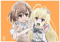 2girls artist_logo blonde_hair brown_eyes brown_hair candy child coin dated dress febrie food frog gekota kueru logo lollipop long_hair misaka_mikoto miyahara_takuya multiple_girls purple_eyes short_hair toaru_kagaku_no_railgun toaru_kagaku_no_railgun_s toaru_majutsu_no_index v