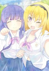 2girls ;d blonde_hair blue_skirt bow bowtie breasts cleavage closed_eyes collarbone day dress_shirt facing_viewer fang furude_rika highres higurashi_no_naku_koro_ni higurashi_no_naku_koro_ni_gou holding_hands houjou_satoko interlocked_fingers long_hair long_sleeves medium_breasts multiple_girls one_eye_closed open_mouth outdoors painting_(medium) pleated_skirt purple_eyes purple_hair red_bow red_bowtie school_uniform shirt short_sleeves skin_fang skirt smile sweet_miuk_tea traditional_media watercolor_(medium) white_shirt