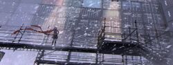 Rule 34 | 1girl, arms behind back, black boots, black hair, black shirt, black skirt, boots, facing away, highres, industrial, kotomeiro, light particles, looking up, original, outdoors, pleated skirt, railing, red scarf, scarf, shipping container, shirt, skirt, snow, snowing, truss, wind