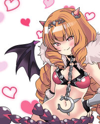 1girl black_gloves breasts chain collar collar_chain_(jewelry) demon_girl demon_horns demon_tail demon_wings gloves groin hand_on_own_hip heart highres horns jin_kansai kanon_(princess_connect!) long_hair long_tail looking_at_viewer medium_breasts navel pink_eyes princess_connect! tail upper_body white_background wings