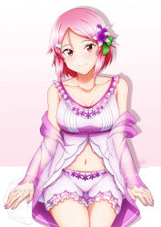 1girl alternate_costume artist_name babydoll bare_shoulders bloomers breasts check_costume cleavage closed_mouth collarbone commentary_request costume_request cowboy_shot flower front_slit hair_flower hair_ornament hairclip highres jacket ken-ji lisbeth_(sao) long_sleeves looking_at_viewer medium_breasts medium_hair navel nightgown off_shoulder pink_babydoll pink_bloomers pink_hair pink_jacket pink_nails red_eyes see-through_clothes see-through_jacket signature sitting smile solo stomach sword_art_online thigh_gap underwear