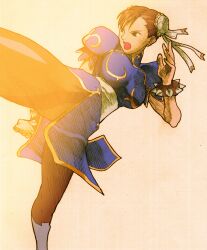 1girl angry arm_behind_back bengus boots bracelet brown_eyes brown_hair bun_cover capcom china_dress chinese_clothes chun-li double_bun dress earrings facing_to_the_side fighting_stance game_cg hair_bun highres jewelry kicking leg_up marvel marvel_vs._capcom marvel_vs._capcom_2 non-web_source official_art open_mouth pantyhose pelvic_curtain sash scan short_hair sidelighting simple_background solo spiked_bracelet spikes street_fighter thick_thighs thighs unitard white_boots