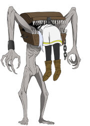 1girl 1other armband barefoot black_pantyhose boots brown_boots chain claws cuffs dark_souls_(series) dark_souls_i dress fingernails frieren frieren_stuck_in_a_mimic_(meme) fromsoftware highres medama_robotarou meme mimic_(dark_souls) pantyhose ribs shackles sharp_fingernails sharp_teeth simple_background sousou_no_frieren teeth treasure_chest white_background white_dress white_hair