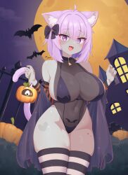 Rule 34 | 1girl, absurdres, animal ear fluff, animal ears, bat (animal), bat tattoo, bikini, black bikini, black leotard, black thighhighs, breasts, castle, cat ears, cat girl, cat tail, colored skin, cowboy shot, full moon, gabai, grey skin, halloween, highres, hololive, horizontal-striped thighhighs, large breasts, leotard, moon, nekomata okayu, pubic tattoo, pumpkin, purple eyes, purple hair, purple tail, see-through clothes, see-through leotard, solo, swimsuit, tail, tattoo, thighhighs, two-tone thighhighs, variant set, virtual youtuber, white thighhighs, zombie (vocaloid)