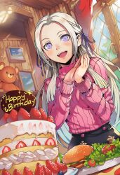 1girl alternate_costume birthday_cake breasts cake edelgard_von_hresvelg fire_emblem fire_emblem:_three_houses food hair_ornament happy_birthday highres kudou_mitsunari long_hair long_sleeves looking_at_viewer medium_breasts nintendo purple_eyes ribbon smile solo sweater white_hair