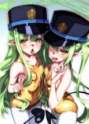 2girls :d bare_shoulders blue_archive blush breasts commentary_request demon_tail earrings fang fellatio_gesture gold_one-piece_swimsuit green_hair halo hat highres hikari_(blue_archive) jewelry long_hair looking_at_viewer multiple_girls naughty_face nozomi_(blue_archive) okina_ika one-piece_swimsuit open_mouth pantyhose peaked_cap pointy_ears siblings sisters small_breasts smile swimsuit tail tongue tongue_out twintails v very_long_hair white_pantyhose yellow_eyes