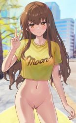 1girl blurry blurry_background blush bottomless brown_eyes brown_hair building cleft_of_venus cowboy_shot crop_top fate/extra fate/extra_ccc fate_(series) fingernails highres kishinami_hakuno_(female) long_hair looking_at_viewer midriff navel no_panties outdoors public_indecency pussy sauvignon shirt short_sleeves sidelocks smile solo standing t-shirt thighs third-party_edit tree uncensored v yellow_shirt