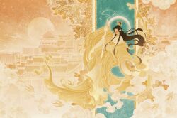 1boy above_clouds aqua_background architecture bird brown_hair building chinese_clothes closed_mouth cloud commentary east_asian_architecture english_commentary floating flower full_moon gold hair_ornament halo highres holding holding_flower holding_sword holding_weapon huaepiphany huge_moon jewelry jian_(weapon) layered_clothes limited_palette long_hair long_sleeves male_focus mask moon palace peony_(flower) prince ribbon sky solo star_(sky) starry_sky swallow_(bird) sword sword_tassel tassel tianguan_cifu very_long_hair weapon wide_sleeves xiao_guan_(headdress) xie_lian xie_lian_(flower_crowned_martial_god) yellow_background yellow_bird yellow_clouds yellow_flower yellow_hanfu yellow_mask yellow_sky