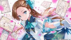 1girl alan_stuart ascot blue_ascot bracelet brown_hair dated earrings elbow_gloves geordo_stuart gloves highres jewelry katarina_claes keith_claes looking_at_viewer maria_campbell mary_hunt nicol_ascart official_art otome_game_no_hametsu_flag_shika_nai_akuyaku_reijou_ni_tensei_shite_shimatta sophia_ascart standing tiv watermark white_gloves