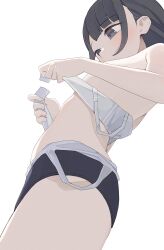 1girl black_eyes black_hair bra clothes_pull commentary convenient_arm convenient_censoring dressing highres hiroki_(yyqw7151) one-piece_swimsuit_pull open_bra original short_hair simple_background solo thighs underwear white_background white_bra