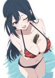 1girl absurdres between_breasts bikini black_bikini black_hair blue_eyes blush breasts from_above grabbing_own_breast hair_ornament highres ikesho0612 long_hair looking_at_viewer love_live! love_live!_nijigasaki_high_school_idol_club navel one_eye_closed one_side_up open_mouth red_bikini sea_cucumber sexually_suggestive simple_background simulated_paizuri smile solo striped_bikini striped_clothes suggestive_fluid swimsuit triangle_hair_ornament wading water yuki_setsuna