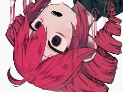 1girl black_eyes black_shirt blush double-parted_bangs drill_hair hair_between_eyes hashtag-only_commentary highres kamiyado_(art00_zz) kasane_teto looking_ahead portrait red_hair shirt simple_background solo sweat teeth twin_drills upper_teeth_only upside-down utau white_background