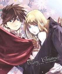 1boy 1girl 2023 artist_name black_hood blonde_hair blue_eyes blunt_bangs brown_hair closed_mouth collared_shirt couple gundam gundam_wing hair_between_eyes heero_yuy hetero kajikaono long_hair merry_christmas off-shoulder_shirt off_shoulder parted_lips relena_peacecraft shirt short_hair straight_hair upper_body white_shirt