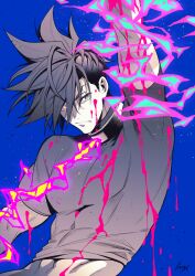 1boy blood blood_on_body blood_on_face blue_background closed_mouth commentary_request covered_abs covered_pectorals dutch_angle fire frown galo_thymos hair_between_eyes highres looking_to_the_side male_focus midriff mohawk outstretched_arm pectorals promare shirt short_hair short_sleeves sideways_glance signature solo takatsuki_ichi