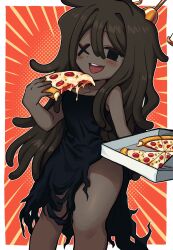 1girl black_dress black_eyes brown_hair cowboy_shot dark-skinned_female dark_skin dress emphasis_lines food highres holding holding_food holding_pizza long_hair looking_at_viewer missing_eye orange_background original pizza pizza_box pizza_slice satanmanse solo tentacle_hair tongue tongue_out torn_clothes torn_dress very_long_hair