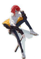 1girl absurdres ange_katrina ange_katrina_(5th_costume) ankle_boots baseball_bat black_jacket blue_eyes blue_pants boots bored closed_mouth crossed_bangs elbow_on_knee elmida full_body hand_on_own_cheek hand_on_own_face head_rest highres holding holding_baseball_bat jacket jacket_partially_removed multicolored_jacket nijisanji orange_jacket pants red_hair shadow shirt short_hair short_sleeves simple_background single_hair_intake solo t-shirt two-tone_jacket virtual_youtuber white_background white_boots white_shirt
