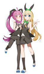 2girls @_@ ahoge animal_ears black_pantyhose black_shorts black_socks black_vest blonde_hair blue_eyes blush bow bowtie breasts buttons closed_mouth collared_shirt commentary double_v embarrassed fake_animal_ears full_body green_bow green_bowtie hair_bow hair_intakes hair_ornament hand_on_another&#039;s_shoulder hands_up highres keibi_inu knees leg_up light_blush long_hair looking_at_viewer multiple_girls nontraditional_playboy_bunny pantyhose ponytail purple_bow purple_bowtie purple_eyes purple_hair rabbit_ears shirt shoes shorts simple_background sleeveless sleeveless_shirt small_breasts smile socks standing standing_on_one_leg sugiura_ayano teeth toshinou_kyouko uwabaki v v-shaped_eyebrows very_long_hair vest white_background white_shirt white_wrist_cuffs wrist_cuffs yuri yuru_yuri