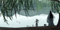Rule 34 | 2boys, bird, black boots, black hair, black hanfu, boots, chinese clothes, facing away, from behind, goose, hanfu, headband, high ponytail, lake, lan wangji, long hair, long sleeves, male focus, modao zushi, mountain, multiple boys, nature, outdoors, ponytail, red sash, sash, scenery, standing, topknot, tree, unworn boots, wading, water, wei wuxian, white hanfu, white headband, wide sleeves, willow, xianduguaitan