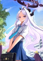 1girl absurdres blue_archive blue_skirt buttons closed_mouth collar cowboy_shot halo highres hina_(blue_archive) holding holding_suitcase horns long_hair looking_at_viewer pleated_skirt purple_eyes purple_halo shirt short_sleeves skirt smile solo suitcase teritama_(teritama_house) twitter_username very_long_hair white_collar white_hair white_shirt