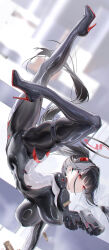 1girl absurdres black_bodysuit black_hair blue_archive bodysuit boots breasts closed_mouth gun handgun high_heel_boots high_heels highres holding holding_gun holding_weapon incredibly_absurdres large_breasts long_hair looking_at_viewer maho_shi_ma official_alternate_costume official_alternate_hairstyle ponytail red_eyes rio_(blue_archive) rio_(bodysuit)_(blue_archive) sidelocks solo stiletto_boots stiletto_heels thigh_boots weapon
