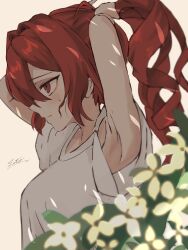 1girl armpits blurry blurry_foreground blush depth_of_field drill_hair from_side hair_between_eyes hashtag-only_commentary highres kasane_teto profile ramie_li red_eyes red_hair shirt signature solo sweatdrop twin_drills tying_hair utau white_shirt