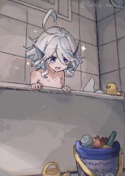 1girl :d ahoge bath bathing bathroom bathtub bird blue_eyes blue_hair blush breasts bucket collarbone commentary_request completely_nude duck fins furina_(genshin_impact) furina_daisuki genshin_impact hair_between_eyes head_fins highres mermaid mismatched_pupils monster_girl nude open_mouth partially_submerged pixel_art ripples rubber_duck short_hair signature small_breasts smile solo sparkle tile_floor tile_wall tiles twitter_username water