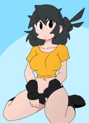 1girl :/ :o animated animated_gif aqua_background arm_warmers ass black_hair black_panties black_socks breasts breasts_out breasts_squeezed_together curvy embarrassed full_body grin lifting_own_clothes looking_at_another lucia_(scott_malin) naughty_face nipples no_bra original panties pasties scott_malin shiny_skin shirt sitting smile socks symbol-shaped_pupils thong titty_drop underwear wide_hips yellow_shirt
