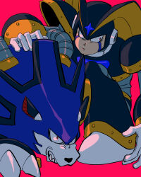 Rule 34 | 1boy, android, armor, bass (mega man), black armor, black helmet, chest jewel, clenched teeth, closed mouth, dog, evil grin, evil smile, facial mark, forehead jewel, grin, hand on animal, helmet, highres, iki (4sarabyebye), jewelry, looking at viewer, looking to the side, mega man (classic), mega man (series), non-humanoid robot, pink background, red eyes, robot, robot animal, robot dog, robot ears, shoulder armor, simple background, sitting, smile, standing, teeth, treble (mega man)