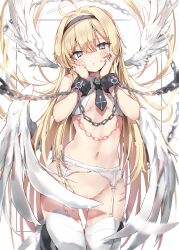 1girl absurdres bdsm blonde_hair blue_eyes bondage bondage_cuffs bound breasts chain feathered_wings feathers highres long_hair original panties small_breasts toshizou_(0714) underwear white_panties white_wings wings wrist_cuffs