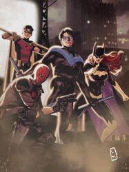 1girl barbara_gordon bat_signal batgirl batman_(series) batman_symbol belt black_bodysuit black_gloves black_hair bodysuit boots breasts brown_jacket cape cowl dc_comics dick_grayson domino_mask dual_wielding gloves green_gloves grey_bodysuit gun highres holding jacket jason_todd lucas_meyer mask multiple_boys muscular muscular_male nightwing open_clothes pants red_hood_(dc) red_mask robin_(dc) short_hair smile spandex superhero_costume taut_bodysuit tim_drake two-tone_bodysuit utility_belt weapon western_comics_(style) yellow_cape