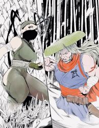 Rule 34 | 1girl,  eyes, ankle wrap, antenna hair, arm guards, bamboo, bamboo forest, bandages, bandana, black eyes, black hair, bow, breasts, brick wall, clenched hand, forest, full body, grey hair, hat, hiding, high ponytail, highres, hip vent, hiroshi mono, ibuki (street fighter), japanese clothes, ninja, long hair, mask, monochrome background, mouth mask, nature, ninja, ninja mask, old, old man, ponytail, scarf, sheath, sheathed, sideburns, straw hat, street fighter, street fighter v, waist bow, weapon, weeds, zeku