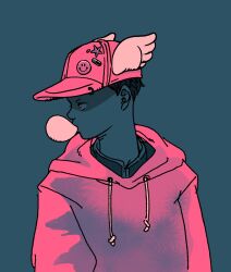 1boy akira_(manga) badge baseball_cap blowing_bubbles button_badge chewing_gum commentary drawstring drops_bkr hat head_wings highres hood hood_down hoodie layered_clothes limited_palette long_sleeves looking_to_the_side male_focus multiple_monochrome pill red_eyes shima_tetsuo short_hair smiley_face solo star_(symbol) symbol-only_commentary upper_body wings