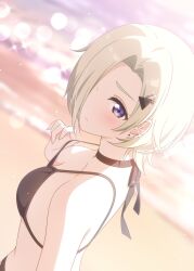 Rule 34 | 1girl, absurdres, adjusting clothes, adjusting swimsuit, beach, bikini, black bikini, blonde hair, blue eyes, blurry, blurry background, breasts, cleavage, commentary, depth of field, earrings, hair ornament, hair over one eye, hairclip, highres, jewelry, light blush, light particles, looking at viewer, love live!, love live! nijigasaki high school idol club, medium breasts, mia taylor, outdoors, shiratama (siratama ll), solo, sparkle, stud earrings, swimsuit