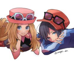 1boy 1girl black_hair blonde_hair blue_eyes blue_jacket blush breasts brown_hair calem_(pokemon) closed_mouth eyelashes eyewear_on_headwear hat jacket long_hair long_sleeves looking_at_viewer lying nintendo on_stomach pink_hat pokemon pokemon_xy rain_(tonight_862) red_hat red_skirt serena_(pokemon) shirt short_hair skirt sleeveless sleeveless_shirt smile sunglasses upper_body white-framed_eyewear