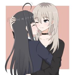 2girls ahoge animal_ears awa_subaru black_choker black_hair black_jacket black_sweater blush border choker closed_eyes closed_mouth commentary girls_band_cry grey_eyes grey_hair hand_on_another&#039;s_head heart highres hug jacket kawaragi_momoka long_hair multicolored_hair multiple_girls one_eye_closed pink_background roots_(hair) school_uniform simple_background smile sweater upper_body white_border xiaoyu_(xiaoyu0308) yuri