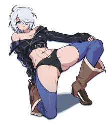 1girl angel_(kof) backless_pants blue_eyes boots bra breasts chaps cleavage cowboy_boots cropped_jacket curvy gloves highres in_cident_ok jacket large_breasts leather leather_jacket long_sleeves navel pale_skin pants short_hair simple_background snk solo strapless strapless_bra the_king_of_fighters the_king_of_fighters_2001 thighs toned toned_female underwear white_background white_hair