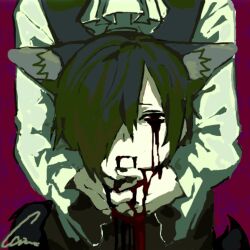 Rule 34 | 1boy, animal ears, ascot, bleeding, blood, blood from mouth, bloody tears, chino (sky tanosi), commentary request, dog boy, dog ears, dog tail, frilled sleeves, frills, green hair, hair over one eye, holding detached head, looking at viewer, male focus, original, red background, red eyes, severed head, short hair, solo, tail, vest