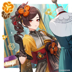 1girl absurdres black_gloves brown_hair chiori_(genshin_impact) commentary_request drill_hair genshin_impact gloves grey_kimono hair_ornament hair_stick haori highres holding japanese_clothes kimono looking_at_viewer mannequin medium_hair obi official_art open_clothes orange_eyes parted_lips red_sash sash sewing short_sleeves side_ponytail solo tokki upper_body
