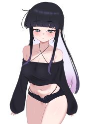 1girl absurdres bare_shoulders black_hair black_panties black_shirt black_shorts blue_eyes blunt_bangs blush bra_strap breasts bright_pupils cleavage closed_mouth colored_inner_hair cowboy_shot criss-cross_halter crop_top expressionless gradient_hair halterneck highres large_breasts long_hair long_sleeves looking_at_viewer micro_shorts midriff multicolored_hair navel off-shoulder_shirt off_shoulder oldsickkim open_fly original panties pink_hair shirt shorts simple_background solo spaghetti_strap stomach string_panties thighs two-tone_hair underwear very_long_hair white_background