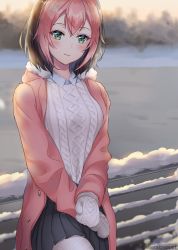 1girl bad_id bad_pixiv_id coat colored_bangs female_focus green_eyes hood hoodie mittens multicolored_hair osu! outdoors pippi_(osu!) skirt smile snow solo sunako_(veera) sweater winter