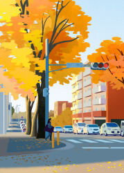 1girl apartment autumn autumn_leaves bag black_hair building car crosswalk evening faceless faceless_female ginkgo_leaf izumitaki_arata leaf motor_vehicle original outdoors road scenery traffic_light tree walking wide_shot