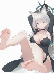 1218_haruru 1girl absurdres animal_ear_fluff animal_ears arms_up bare_legs barefoot black_choker black_dress black_gloves black_jacket blue_archive bound bound_wrists breasts choker cleavage closed_mouth cropped_jacket cross_hair_ornament cuffs dress extra_ears feet frown gloves hair_ornament halo handcuffs highres jacket large_breasts legs_up long_sleeves looking_at_viewer shiroko_(blue_archive) shiroko_terror_(blue_archive) side_slit simple_background sitting soles solo strapless strapless_dress thigh_strap toes v-shaped_eyebrows white_background wolf_ears