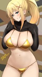 1girl bikini black_shirt blonde_hair blush breasts cleavage clothes_lift commentary_request darkness_(konosuba) embarrassed gold_bikini hair_between_eyes hair_ornament highres jampen kono_subarashii_sekai_ni_shukufuku_wo! large_breasts long_hair looking_at_viewer navel ponytail shirt shirt_lift sidelocks solo standing swimsuit x_hair_ornament