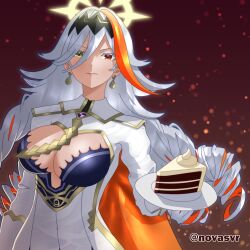 1girl baldr_(fire_emblem_heroes) birthday_cake breasts cake cleavage earrings fire_emblem fire_emblem_heroes food gloves halo heterochromia highres holding holding_plate jewelry large_breasts long_hair looking_at_viewer multicolored_hair nintendo novasvr orange_streaks plate single_hair_streak solo streaked_hair two-tone_hair white_gloves white_hair yellow_eyes